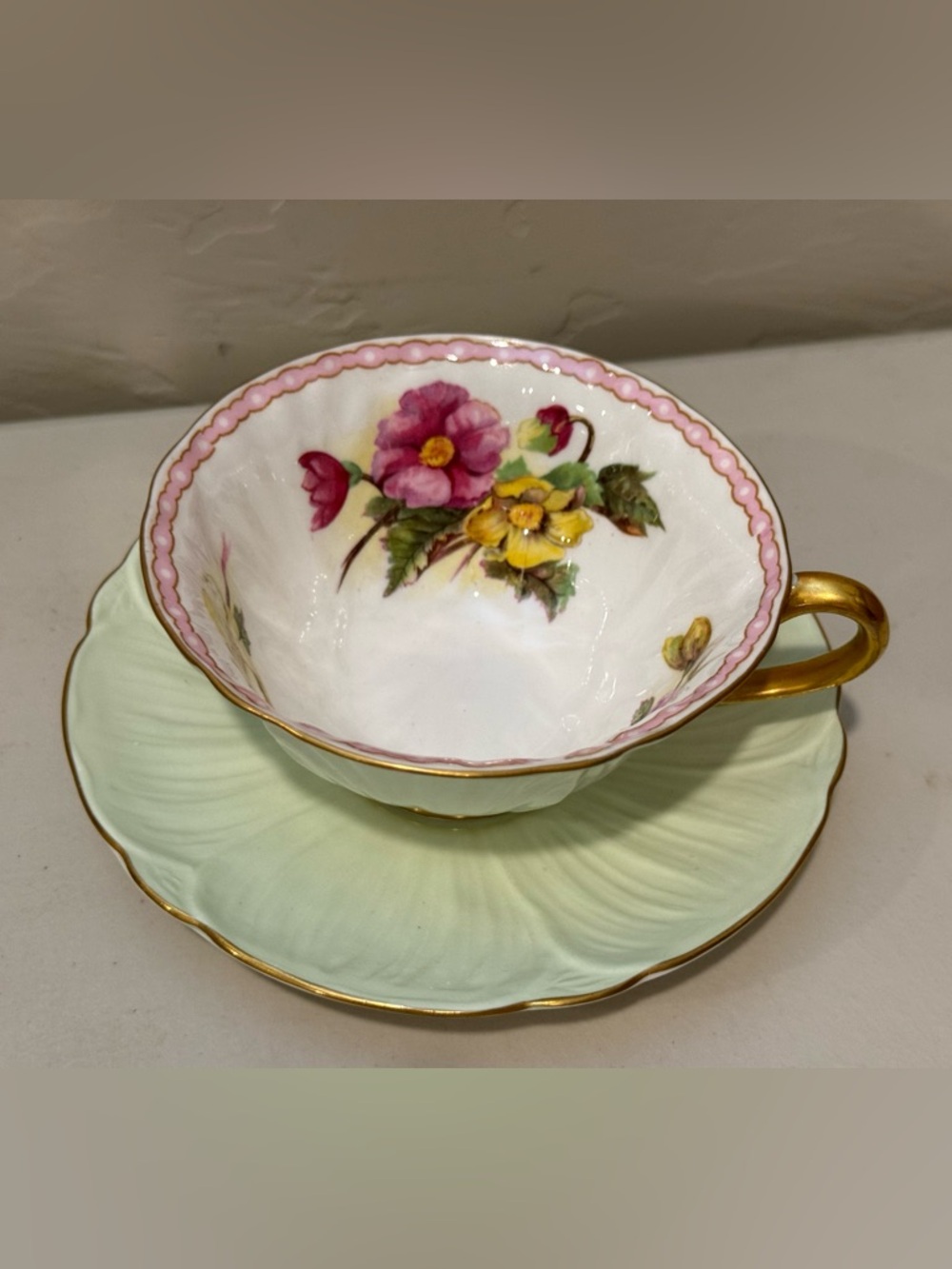 Vintage Shelley Green Begonia  Flower Oleander Shape Teacup Tea cup Saucer set